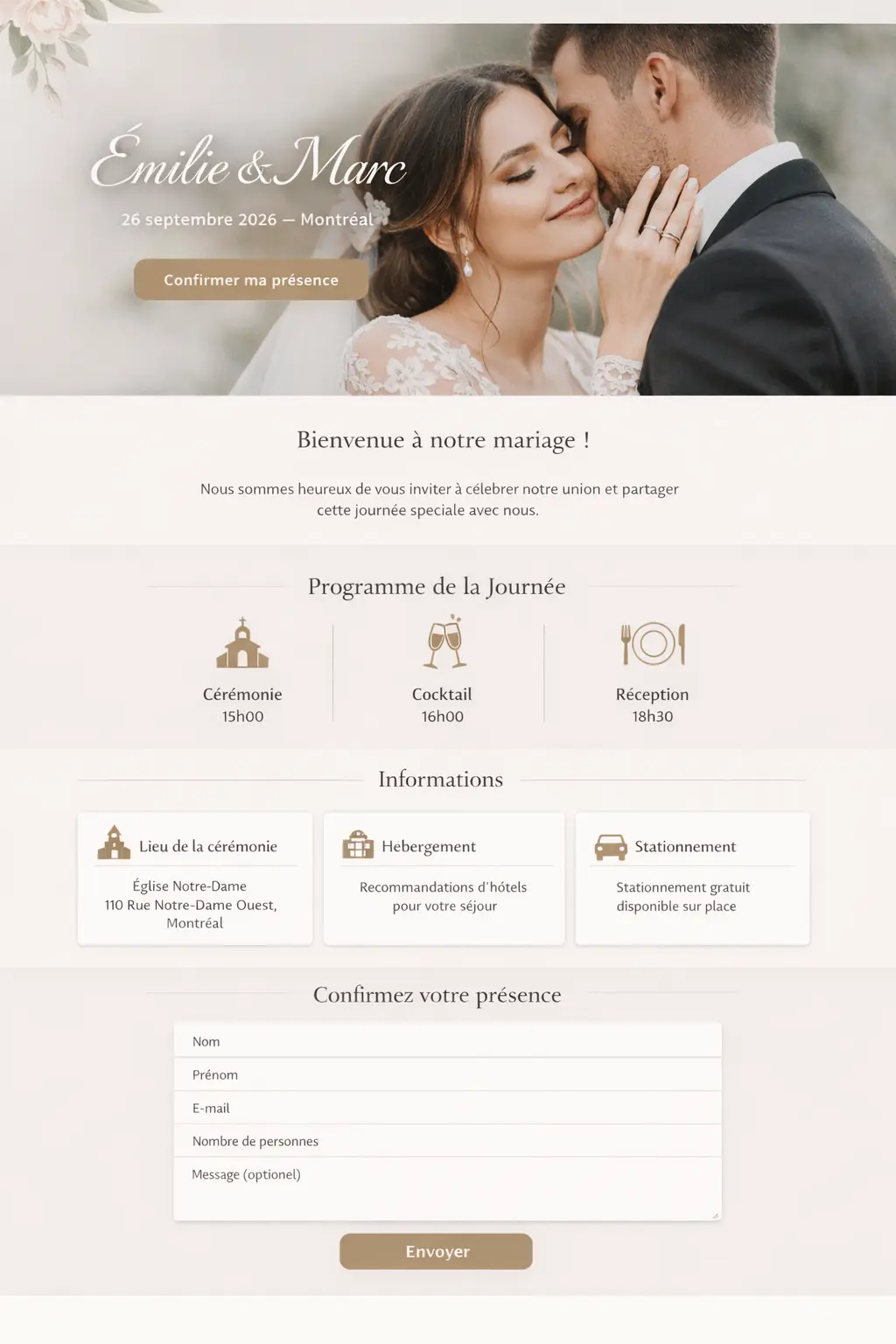 Exemple de mini-site de mariage montrant la page d'Emilie et Marc avec leur date de mariage, le programme de la journée et le formulaire de confirmation de présence