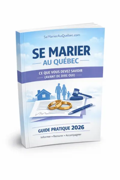 Guide pratique 2026 – Se marier au Québec, couverture montrant des alliances, un document juridique et un marteau de juge